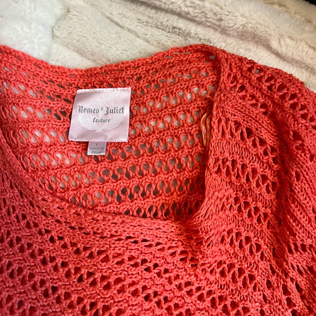 Romeo + Juliet Couture Womens L Sweater Red Orange Sheer Crochet Kimono Spring